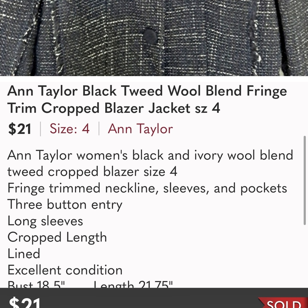 Ann Taylor Black Tweed Wool Blend Fringe Trim Cropped Blazer Jacket sz 4 - Picture 2 of 8